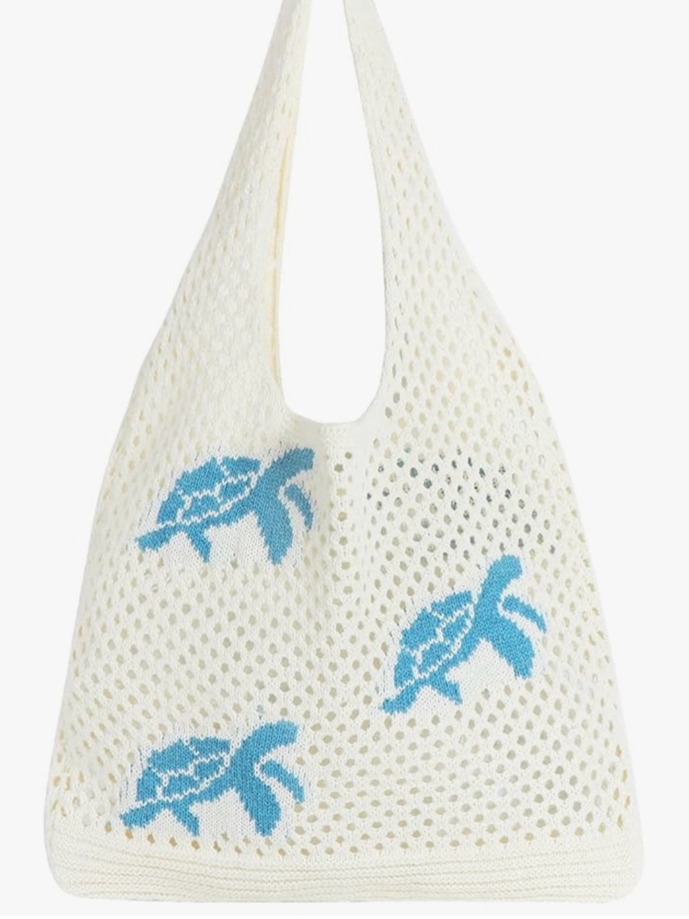 Cream  Crochet Mesh Tote Bag with Blue Turtle Motif